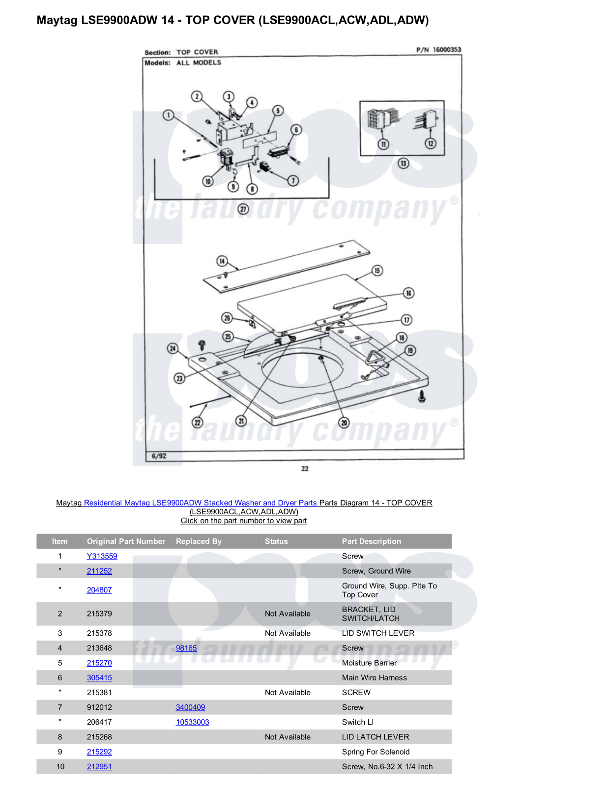 Maytag LSE9900ADW Stacked and Parts Diagram