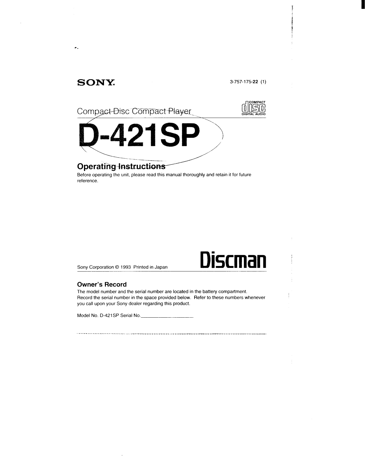 Sony D421SP Operating Instructions