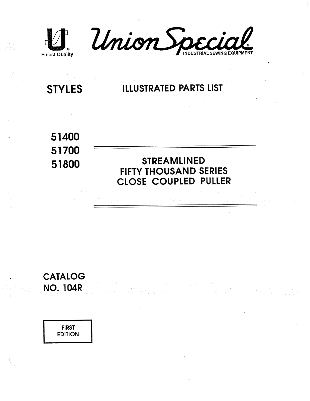 Union Special 51400BE, 51700BU, 51800BA, 51800BB Parts List