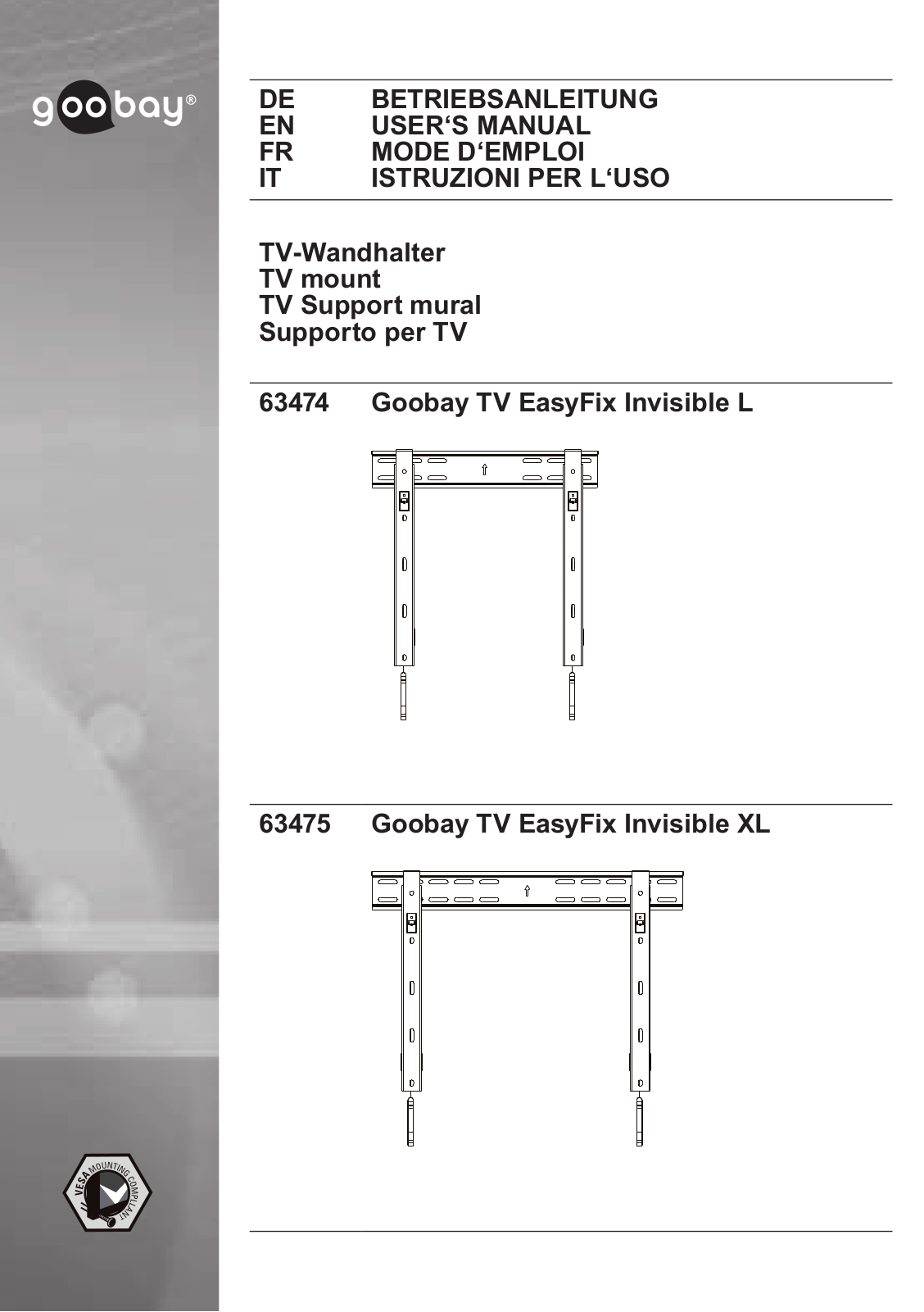 Goobay TV EasyFix Invisible XL, TV EasyFix Invisible L User Manual