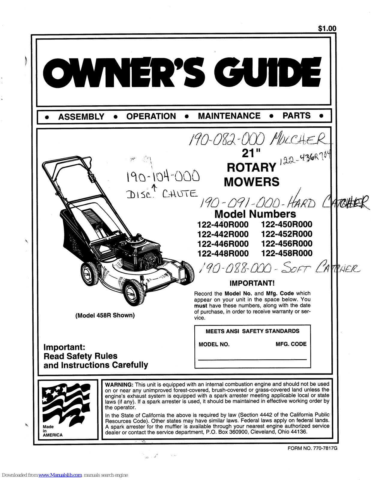 MTD 122-452R000, 122-458R000, 122-456R000, 122-442R000, 122-448R000 Owner's Manual