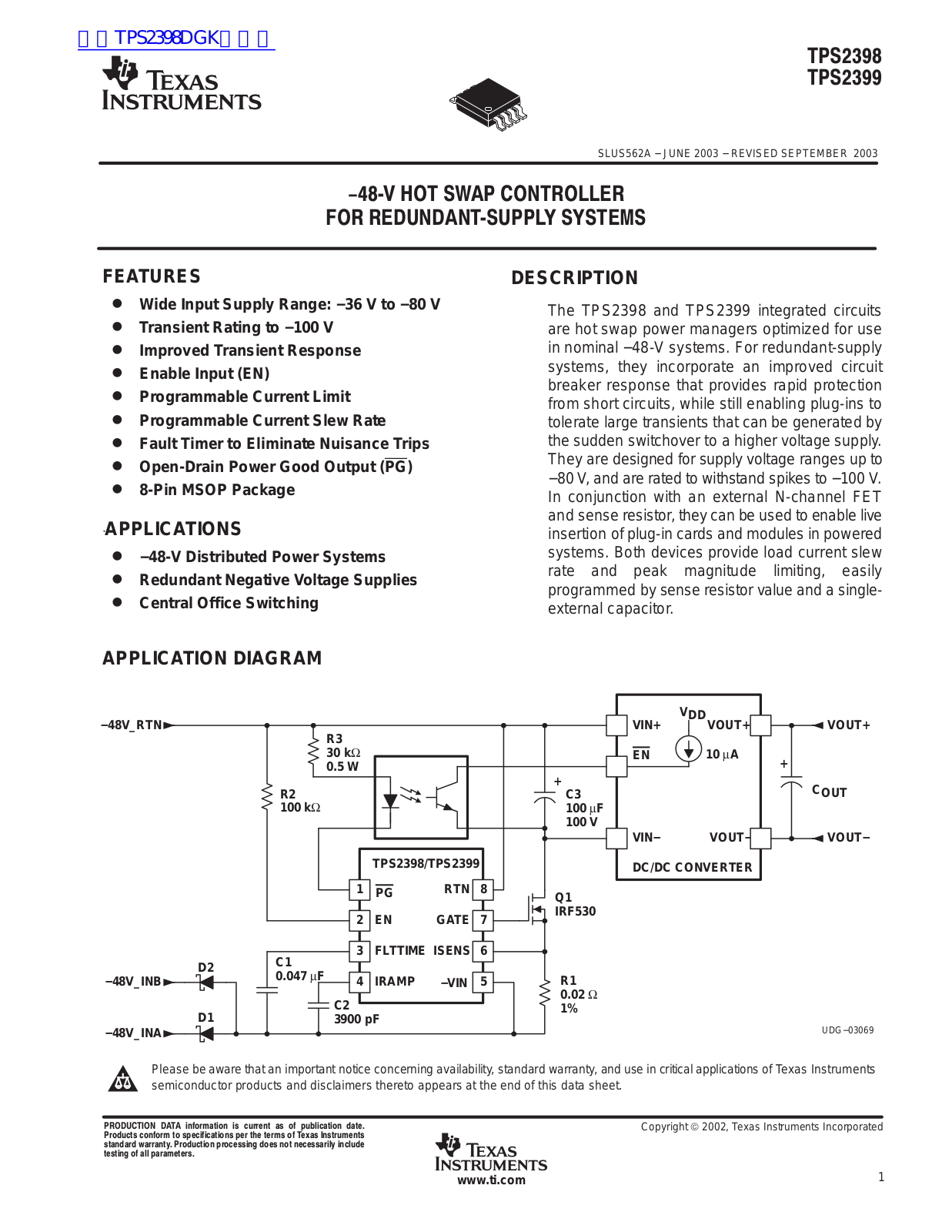 TEXAS INSTRUMENTS TPS2398, TPS2399 Technical data