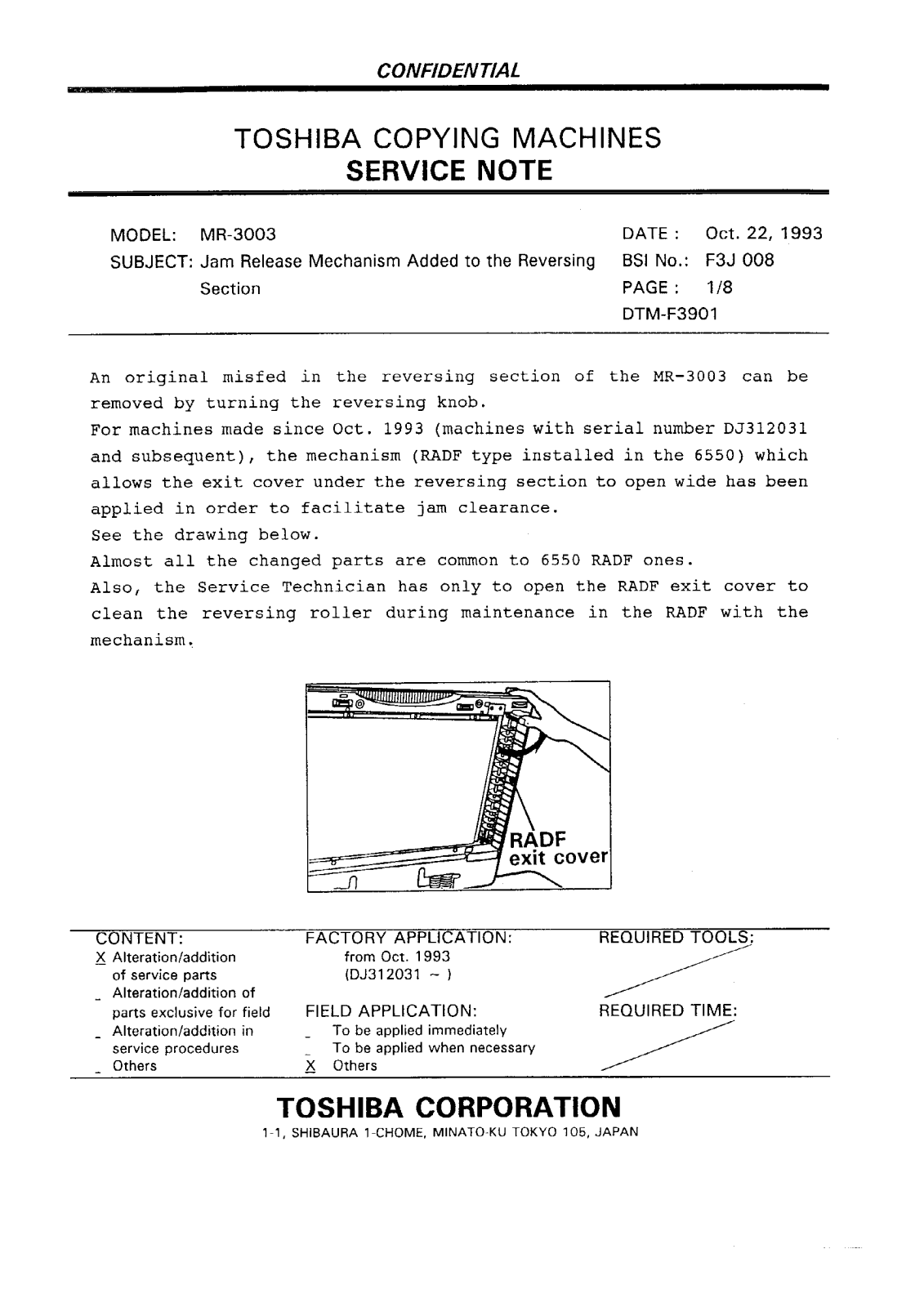 Toshiba f3j008 Service Note