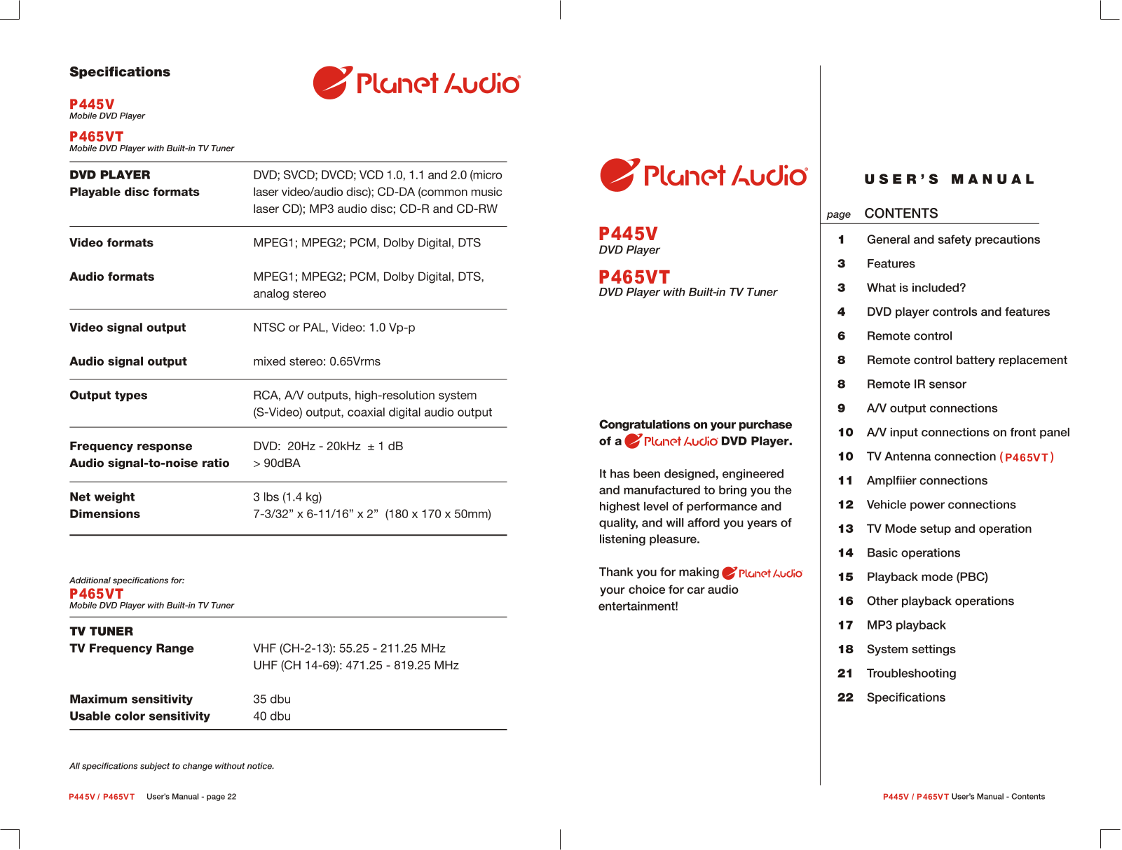 Planet Audio P465VT Users Manual