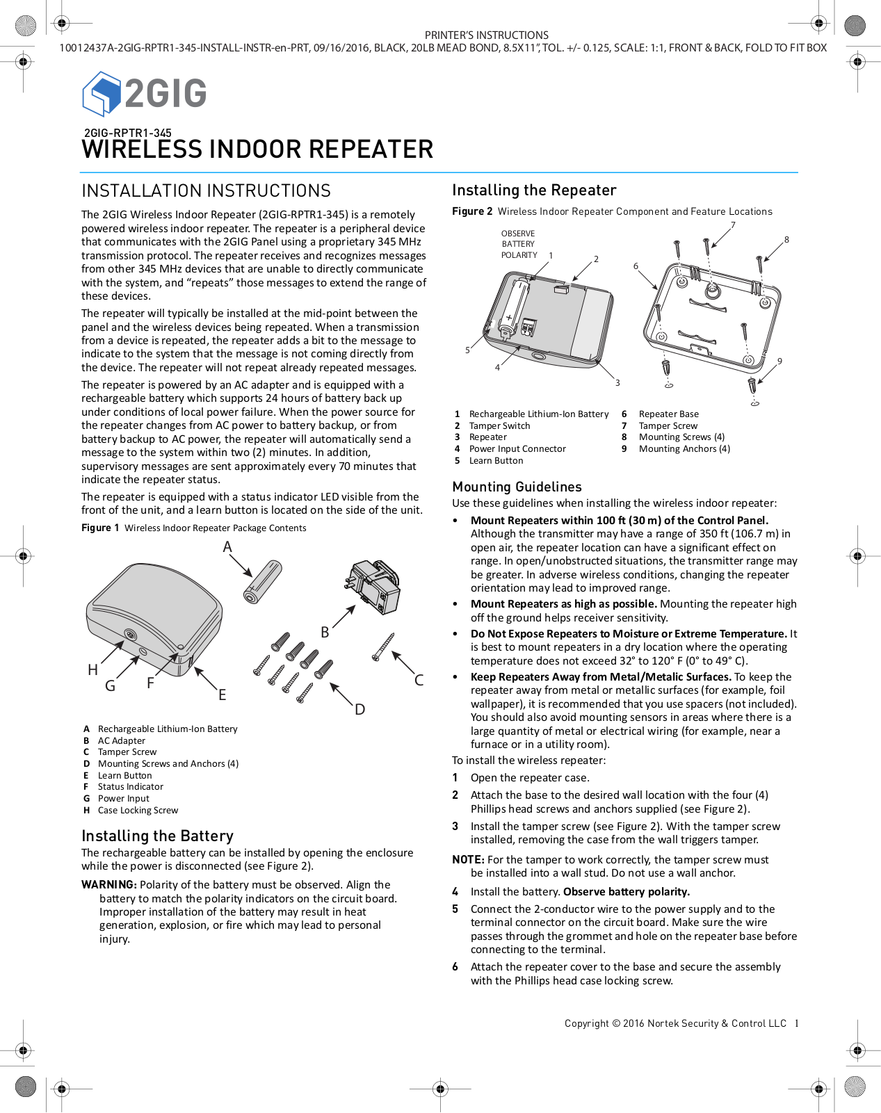 Nortek Security and Control 2GIG RPTR1345 User Manual