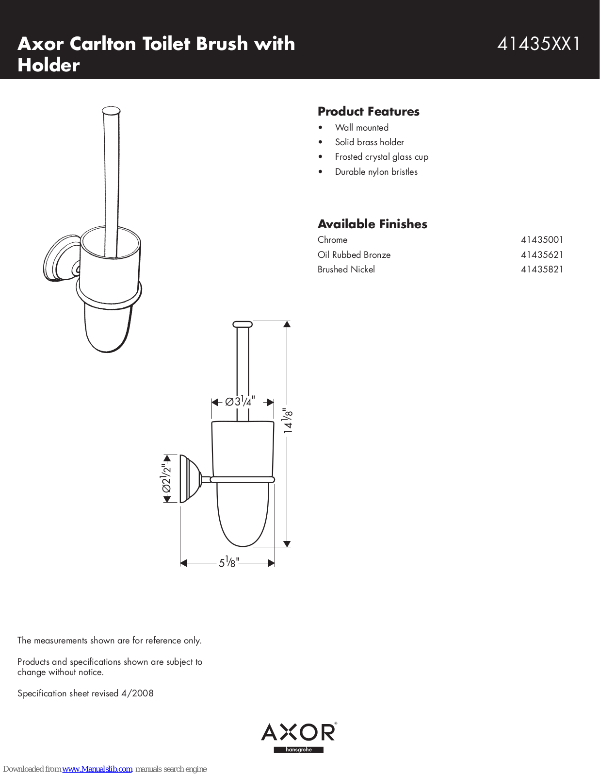 Hansgrohe 41435XX1, 41435001, 41435621, 41435821 Specification Sheet