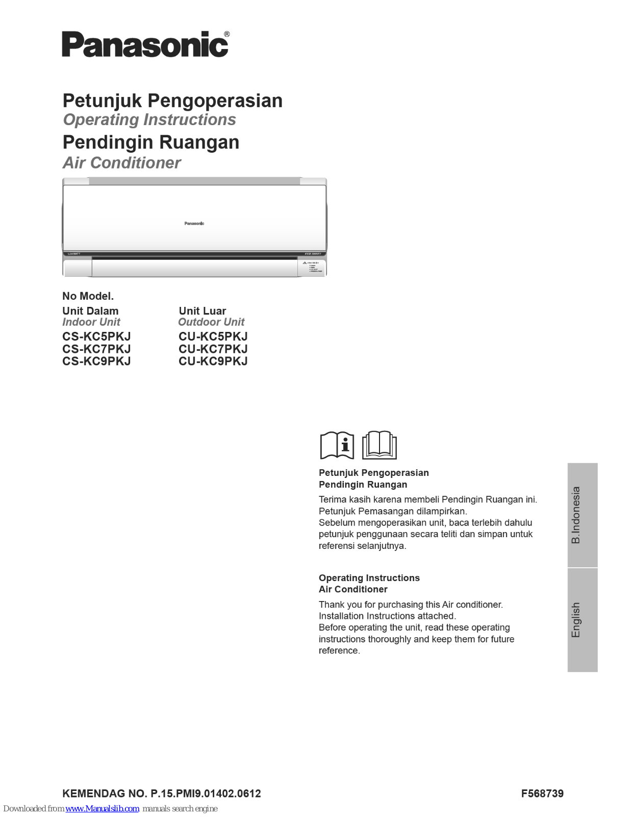 Panasonic CS-KC5PKJ, CU-KC5PKJ, CS-KC7PKJ, CU-KC9PKJ, CS-KC9PKJ Operating Instructions Manual