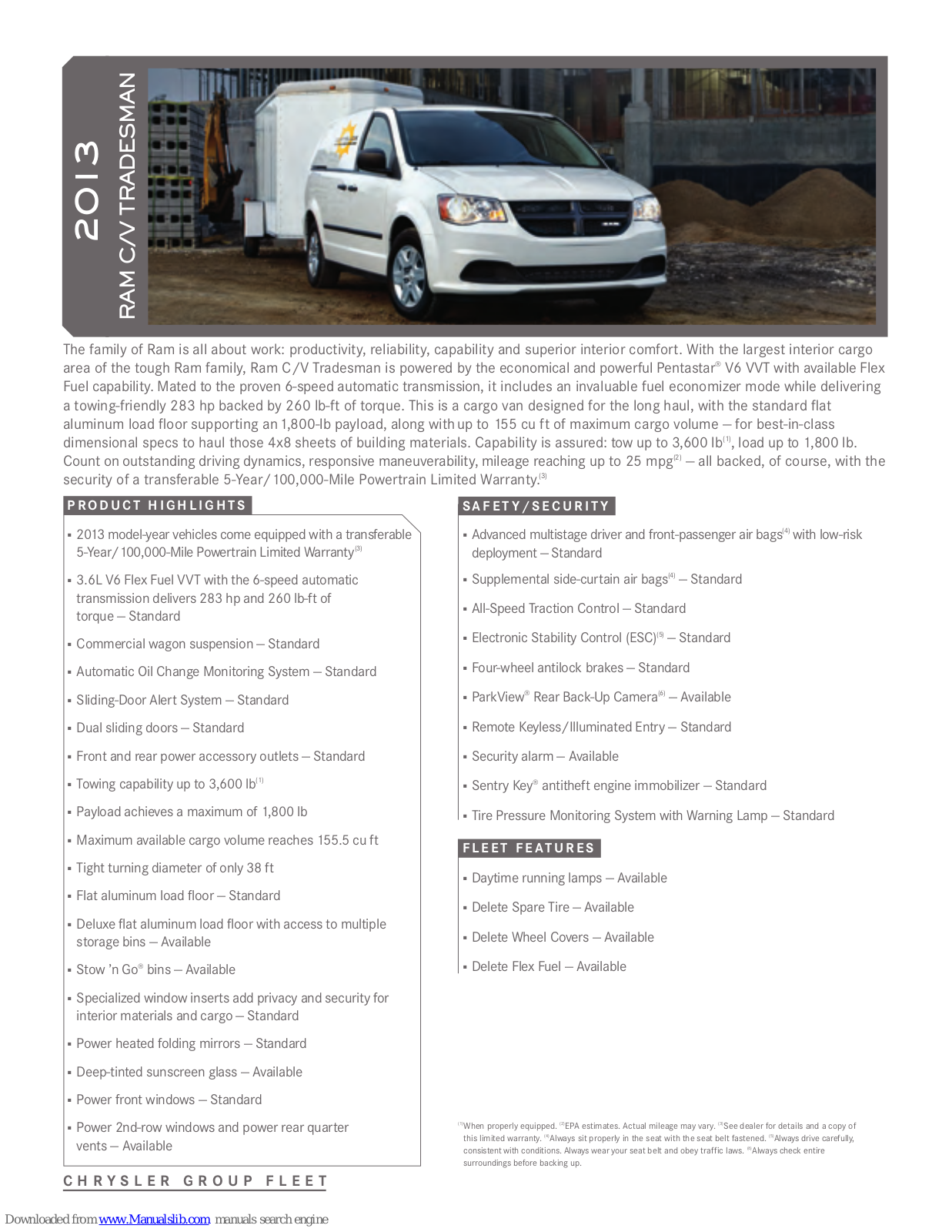 RAM C 2013, RAM V TRADESMAN 2013, C/V TRADESMAN 2013 Specification