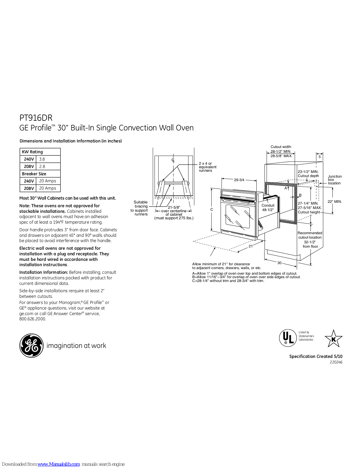 GE Profile PT916DR, Profile PT916DRBB, Profile PT916DRCC, Profile PT916DRWW Dimensions And Installation Information