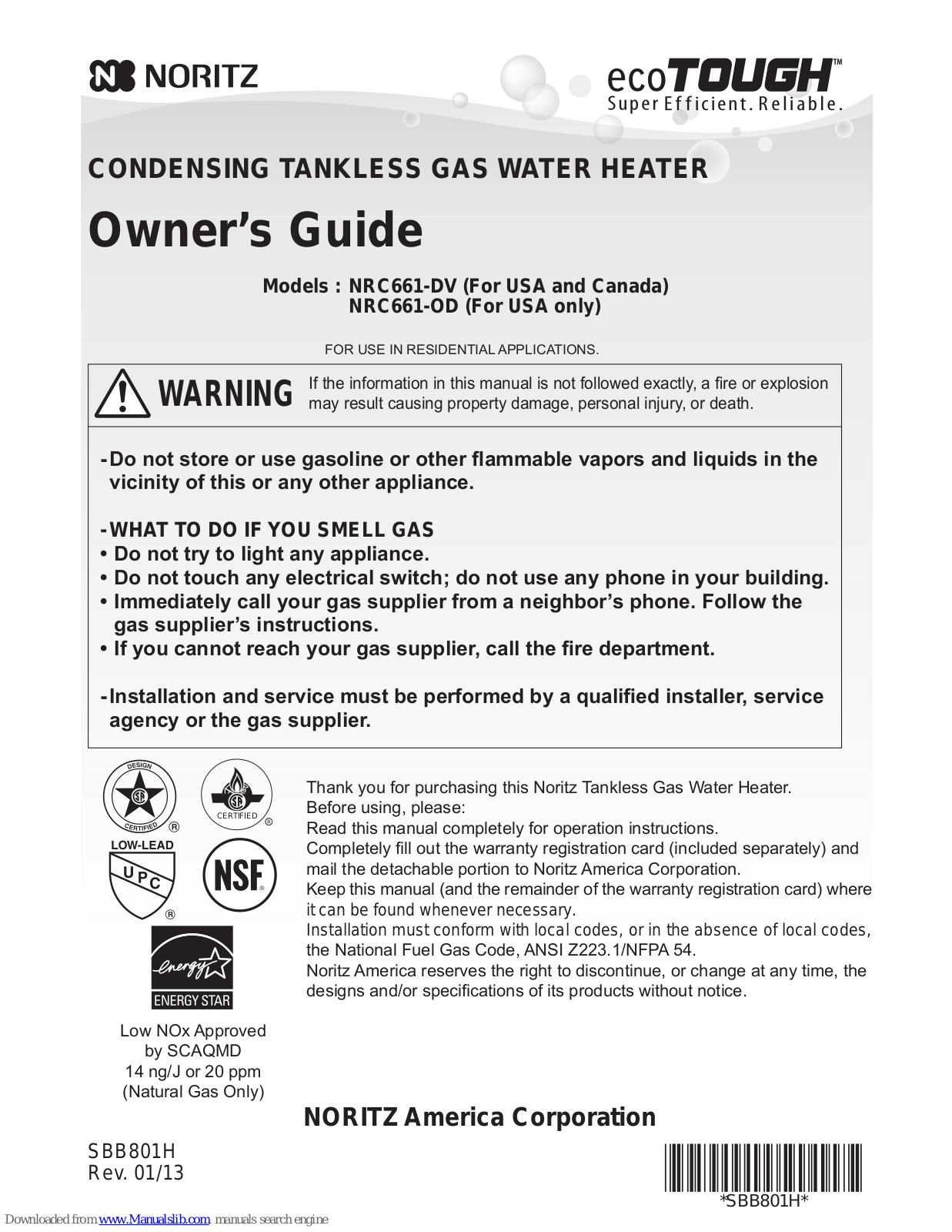 Noritz ecoTOUGH NRC661-DV, ecoTOUGH NRC661-OD Owner's Manual