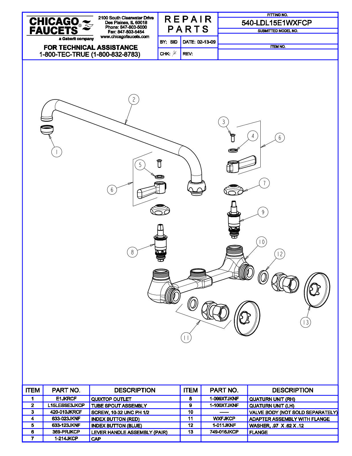 Chicago Faucet 540-LDL15E1WXFCP Parts List