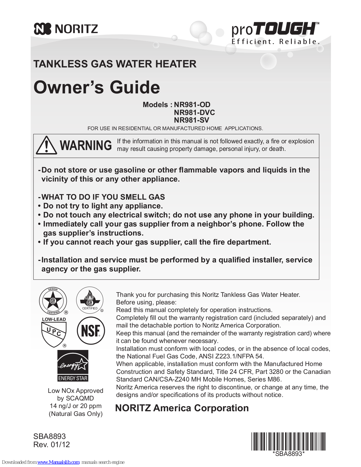 Noritz proTOUGH NR981-OD, proTOUGH NR981-DVC, proTOUGH NR981-SV Owner's Manual