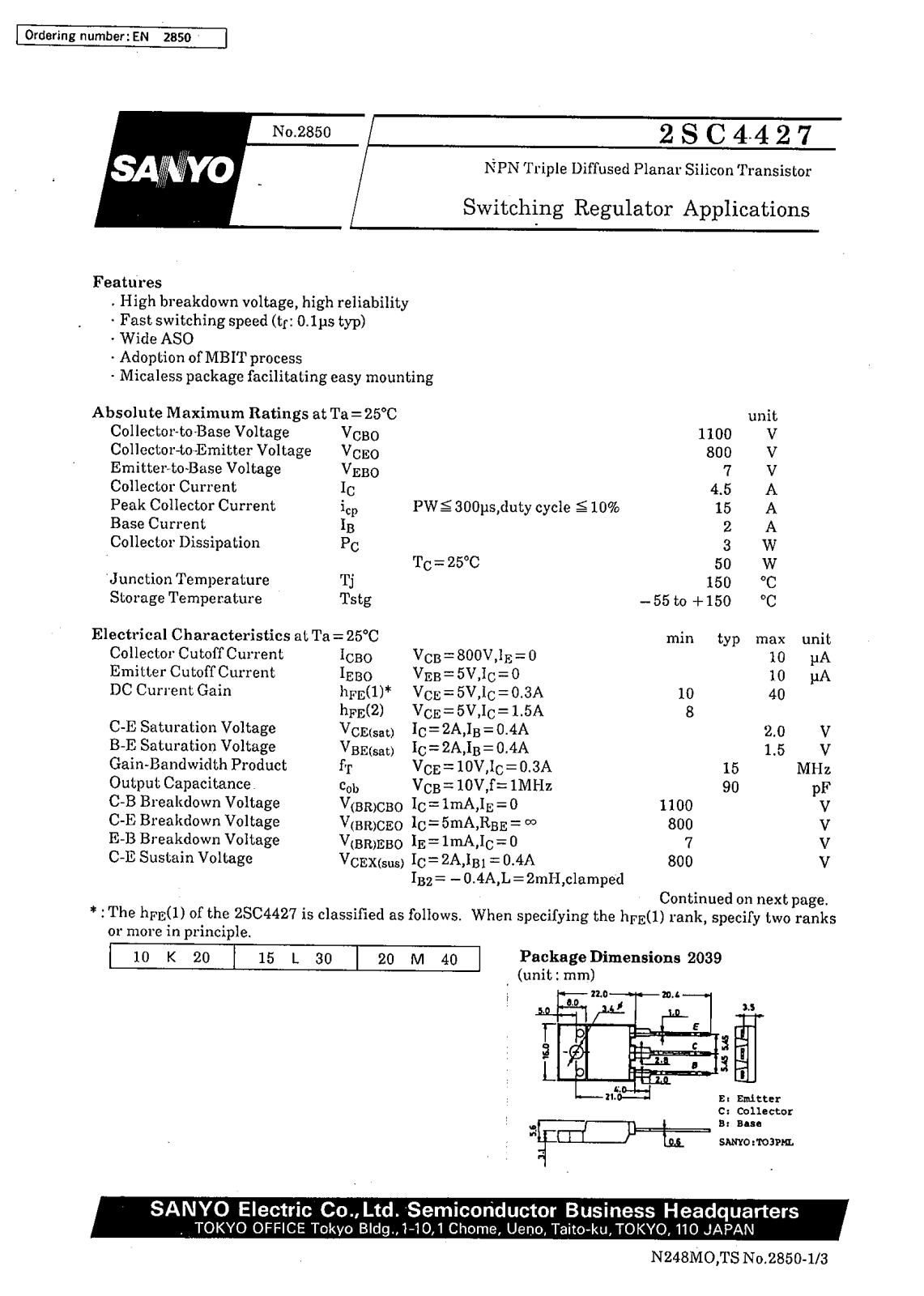 SANYO 2SC4427 Datasheet