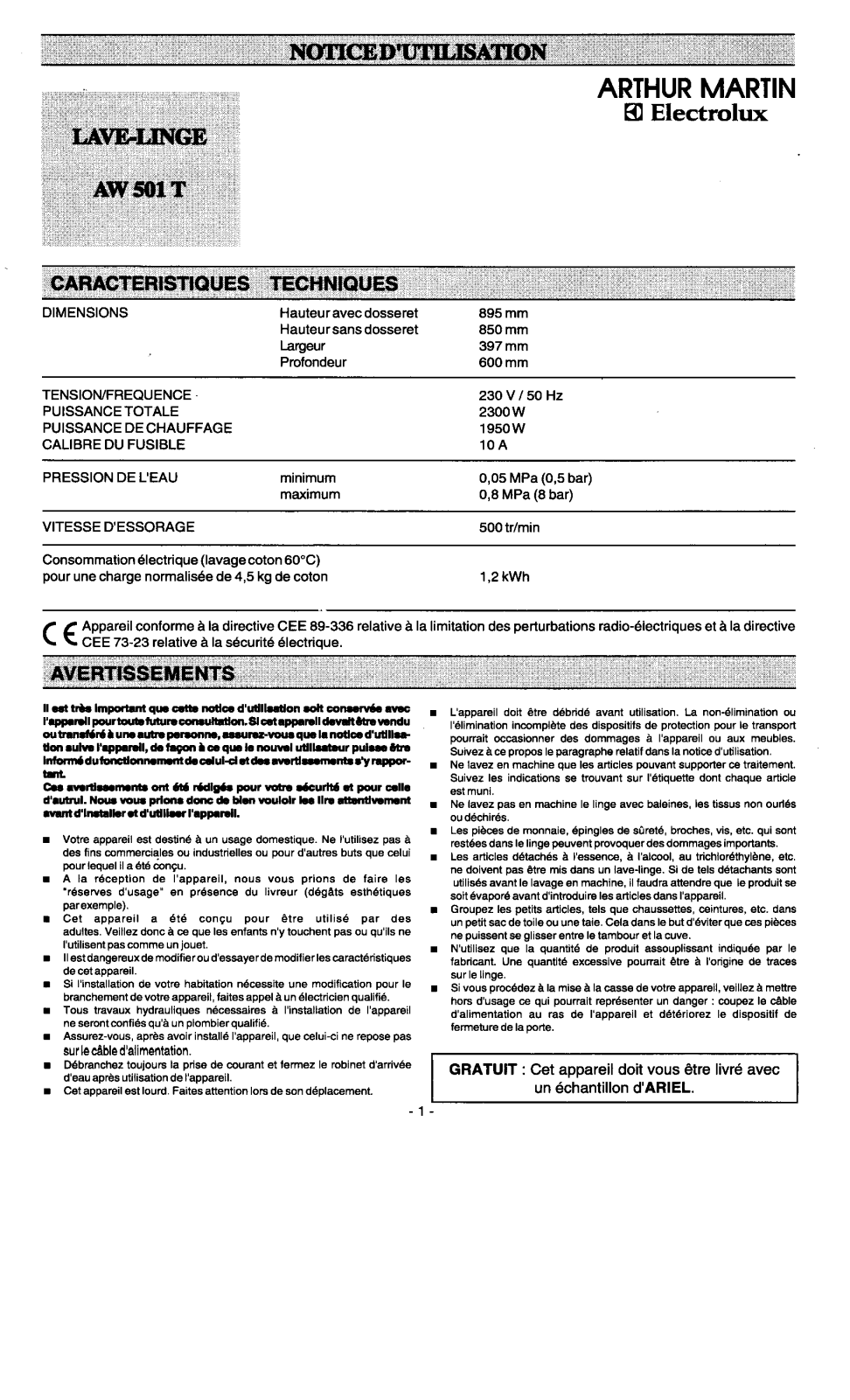 Arthur martin AW501T User Manual