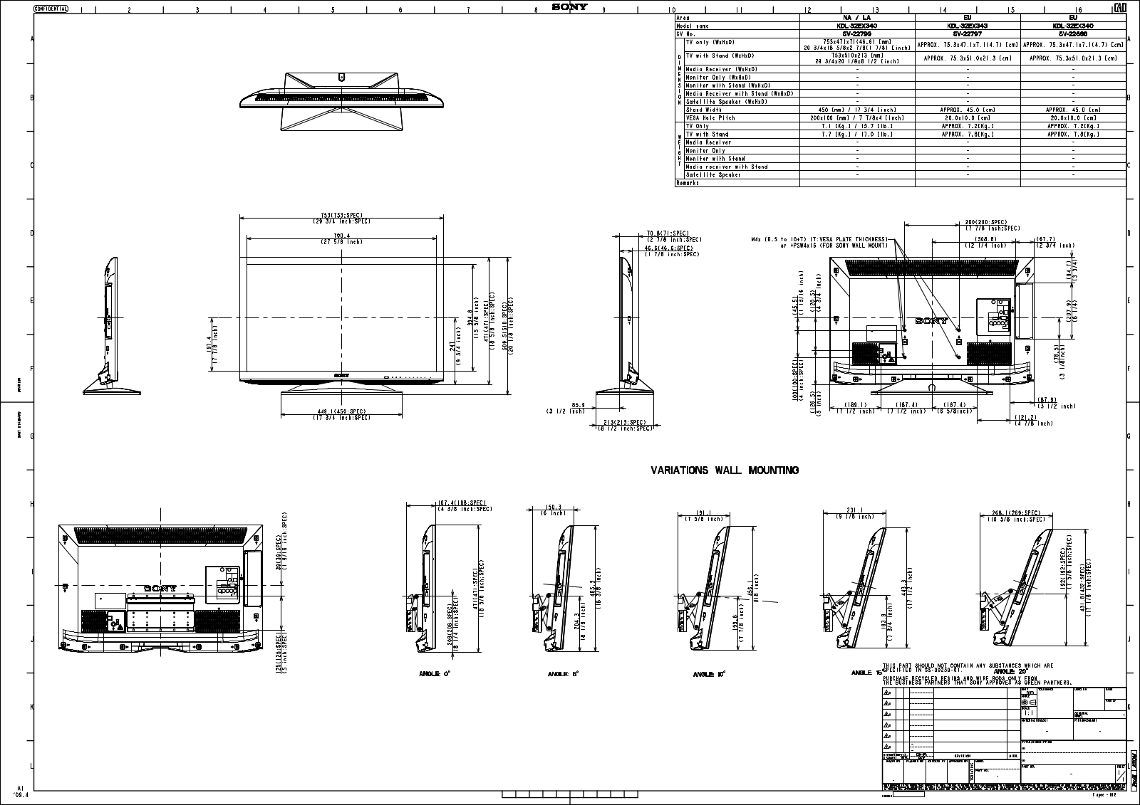 Sony KDL-32EX340 Dimensions Diagram