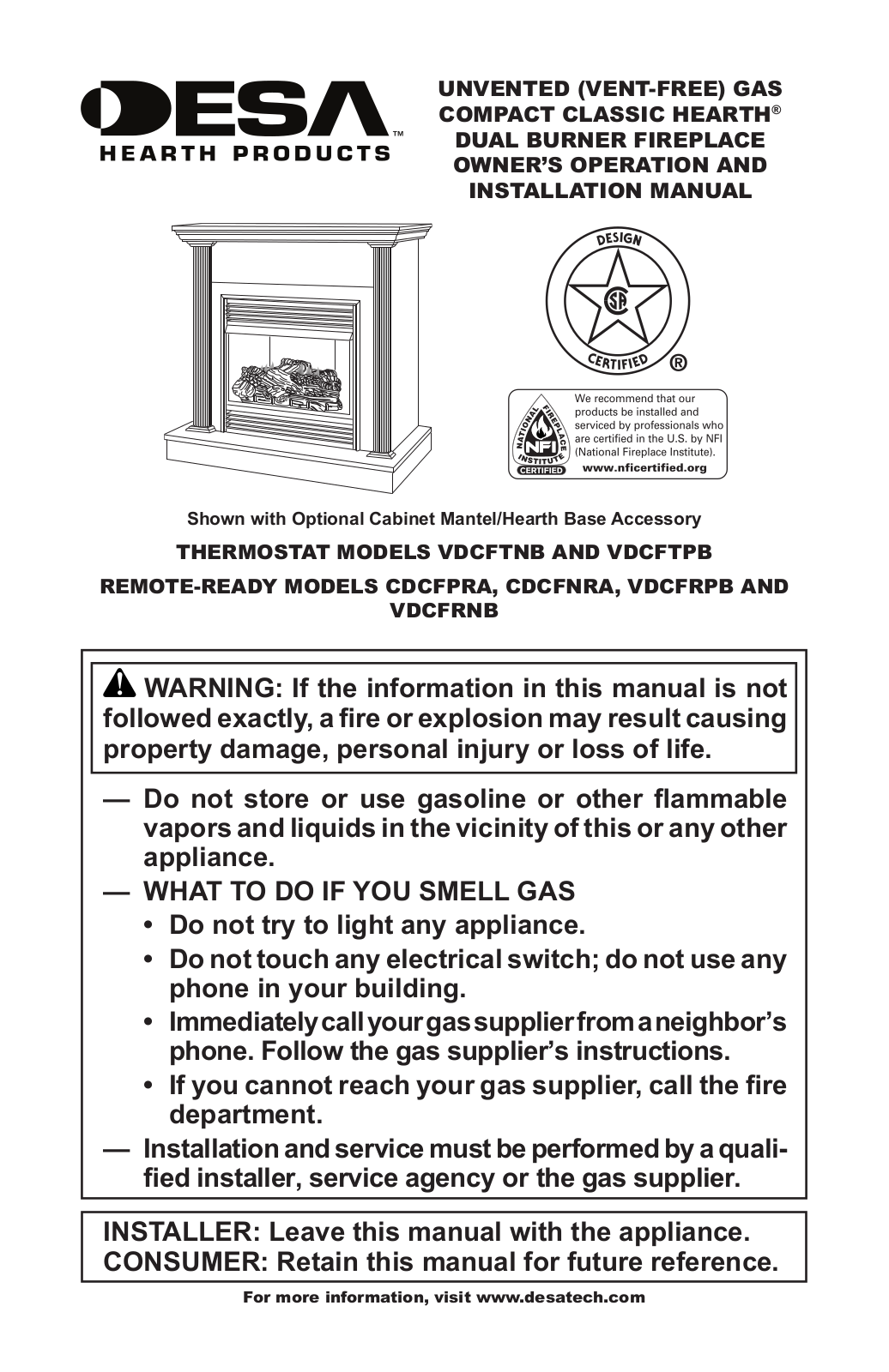 Desa VDCFTNB, VDCFTPB, DCDFNRA, VDCFRPB, VDCFRNB Owner's Operation And Installation Manual