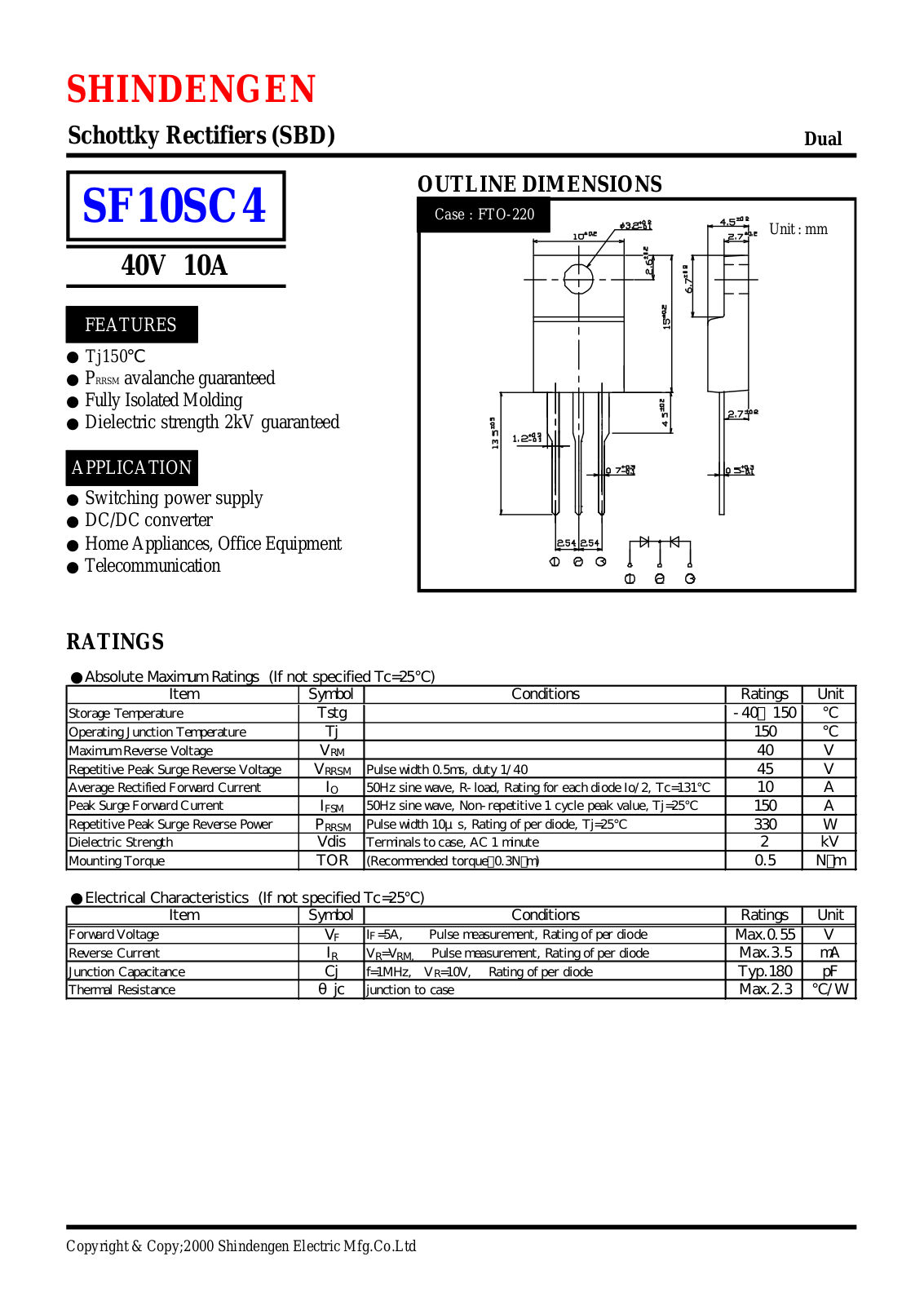 Shindengen Electric Manufacturing Company Ltd SF10SC4 Datasheet