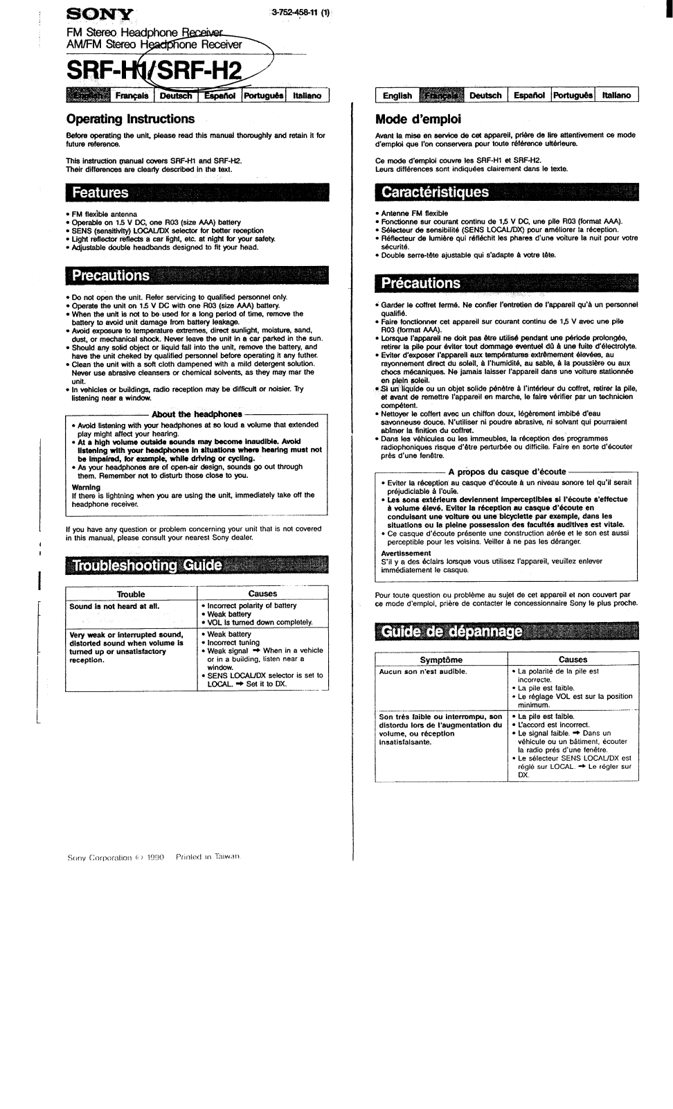 SONY SRF-H2 User Manual