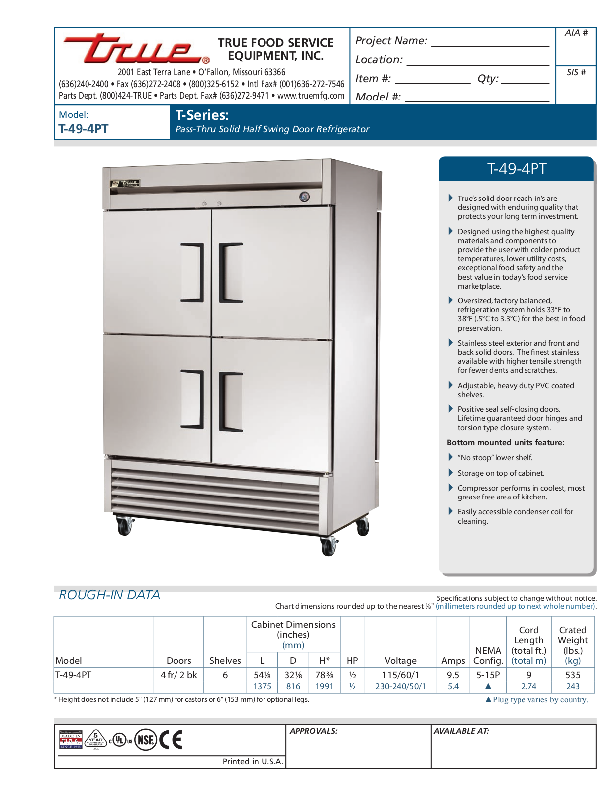 True T-49-4PT Specifications