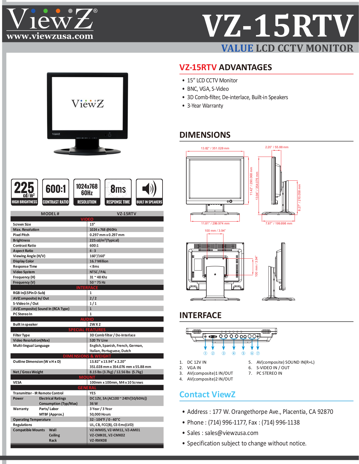 ViewZ VZ-15RTV Specsheet