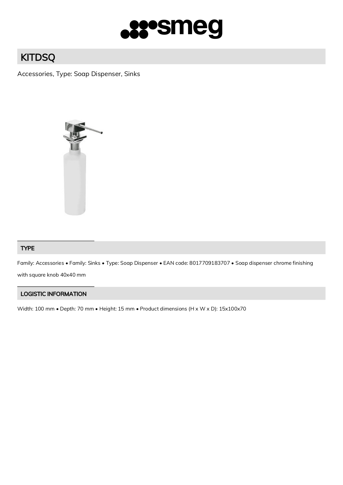 Smeg KITDSQ Technical sheet