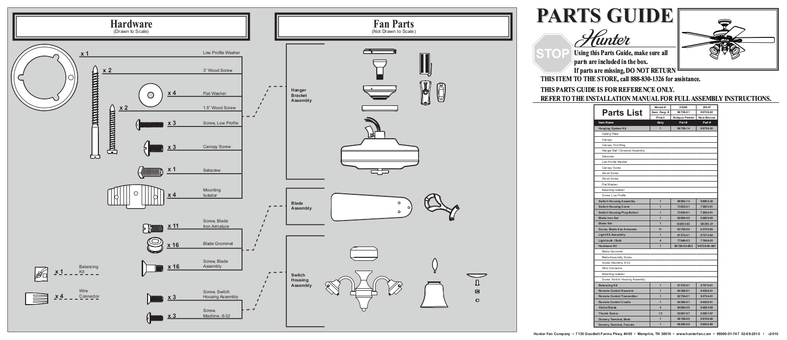 Hunter 20347 Parts Guide