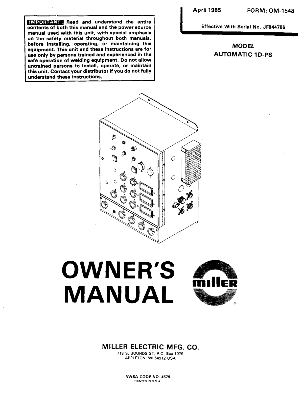 Miller AUTOMATIC 1D-PS Owners manual - ManualMachine.com