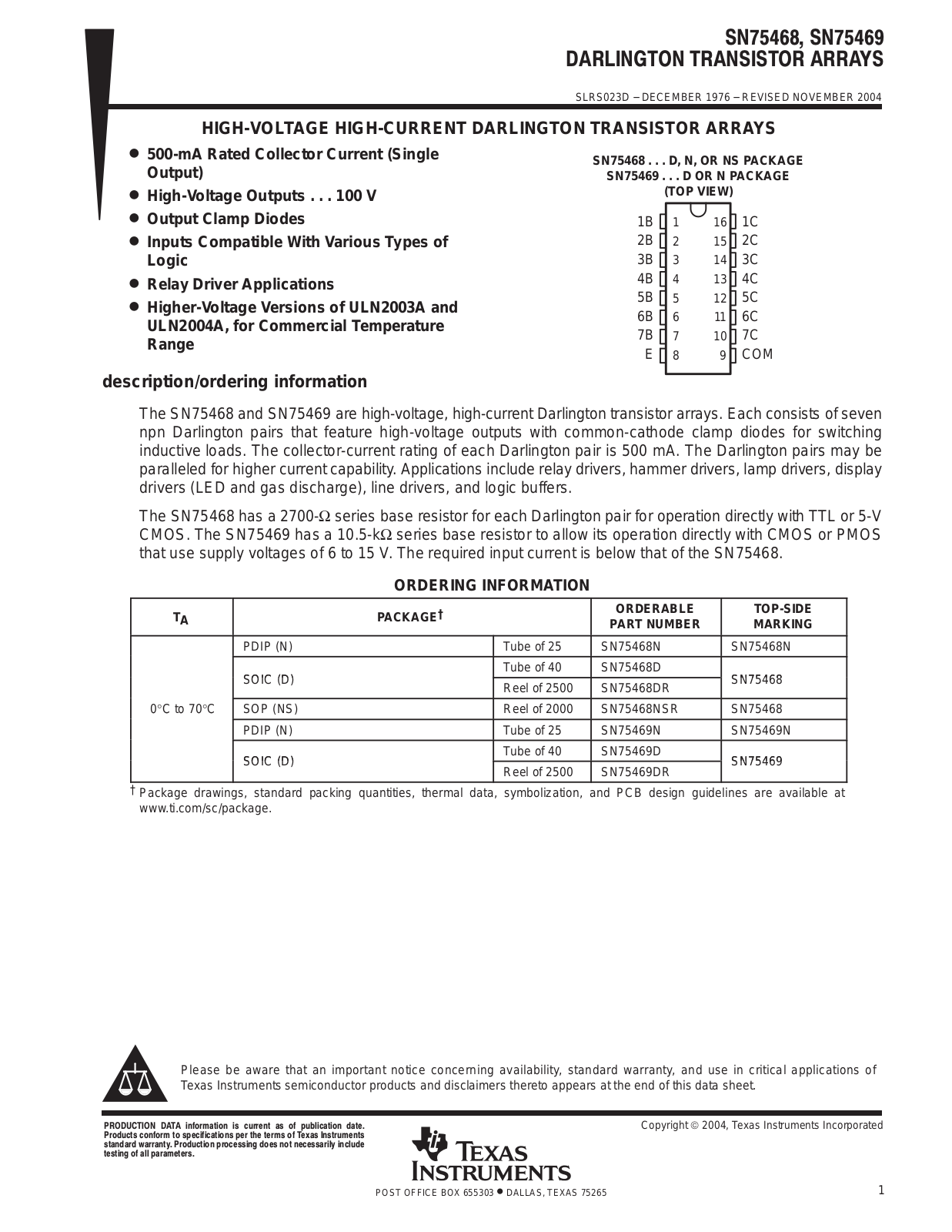 TEXAS INSTRUMENTS SN75468, SN75469 Technical data