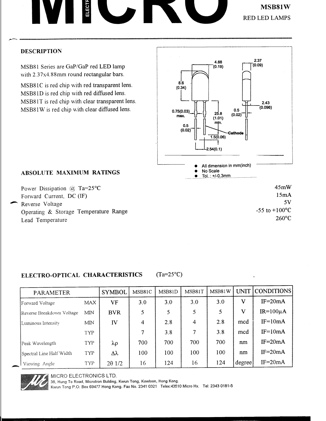 MICRO MSB81D, MSB81T, MSB81W, MSB81C Datasheet