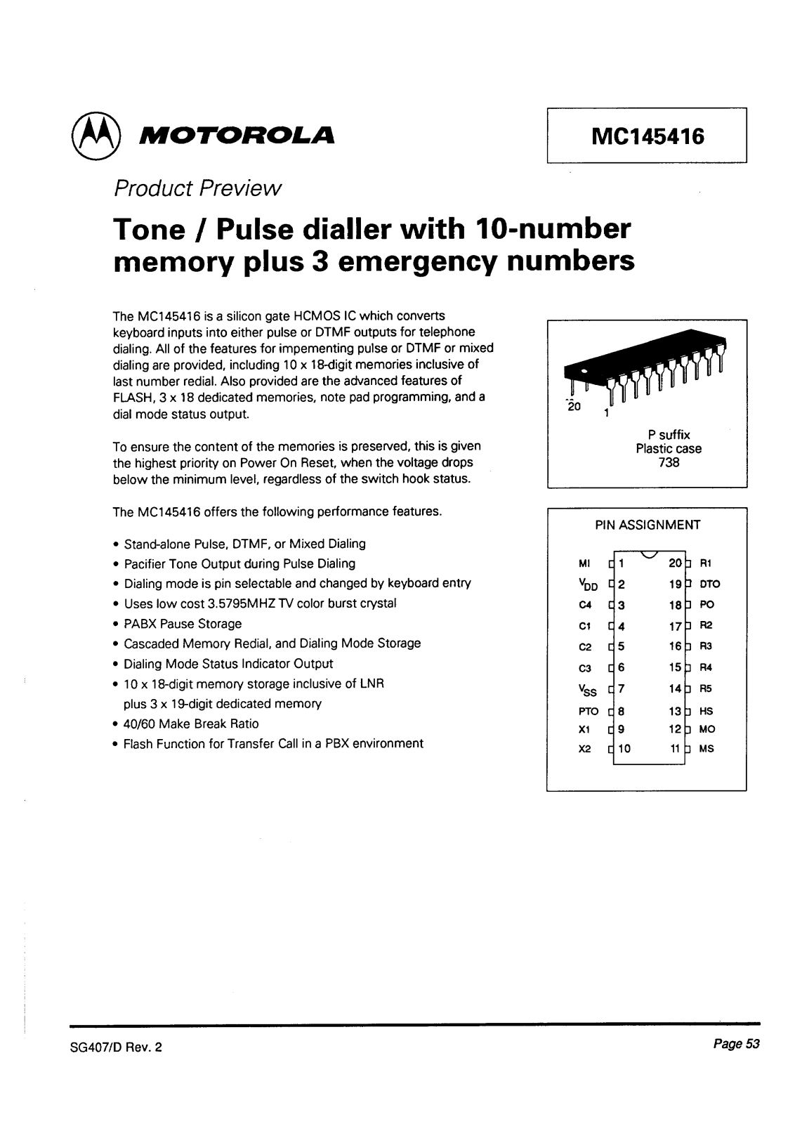 Motorola MC145416P Datasheet