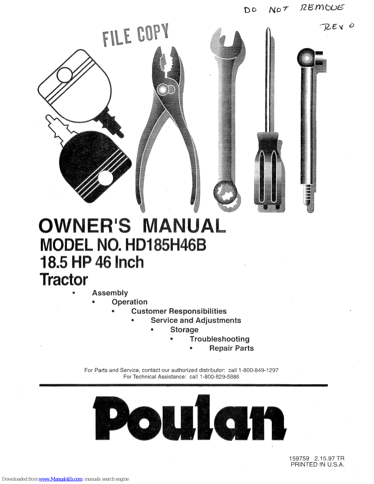 Poulan Pro HD185H46B Owner's Manual