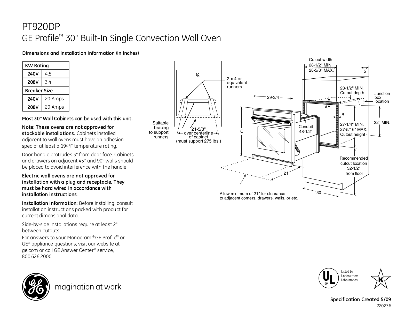 GE PT920DP Specification