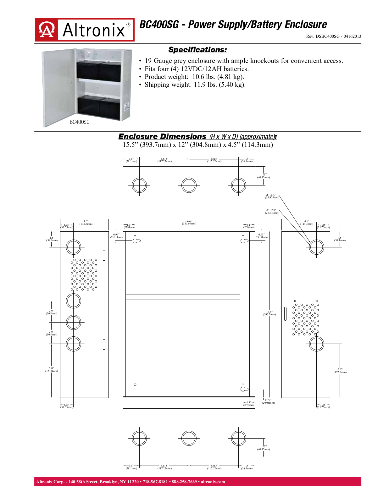 Altronix BC400SG Specsheet