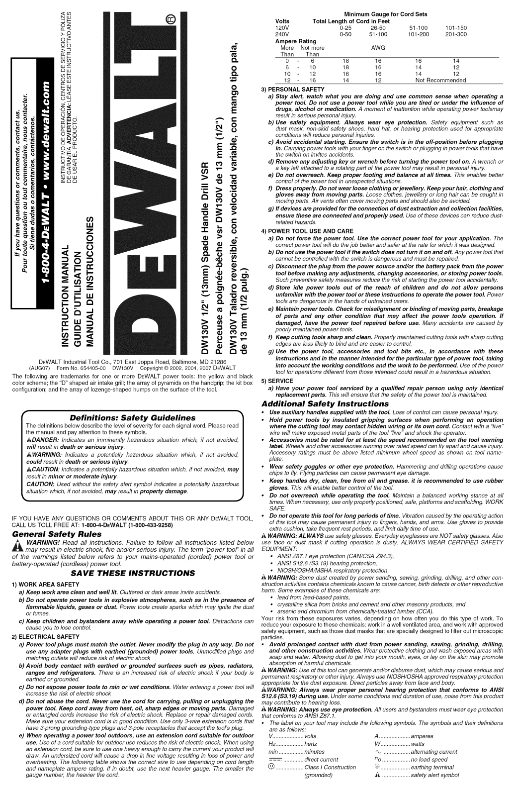 DeWalt DW130V TYPE1 Owner’s Manual