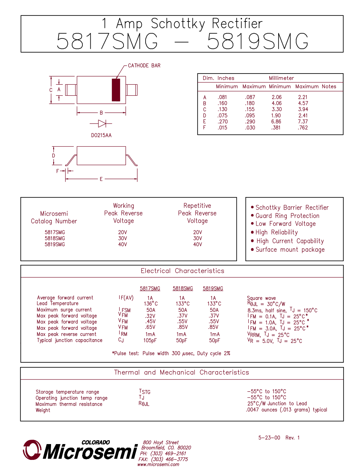 Microsemi Corporation 5819SMG, 5818SMG, 5817SMG Datasheet