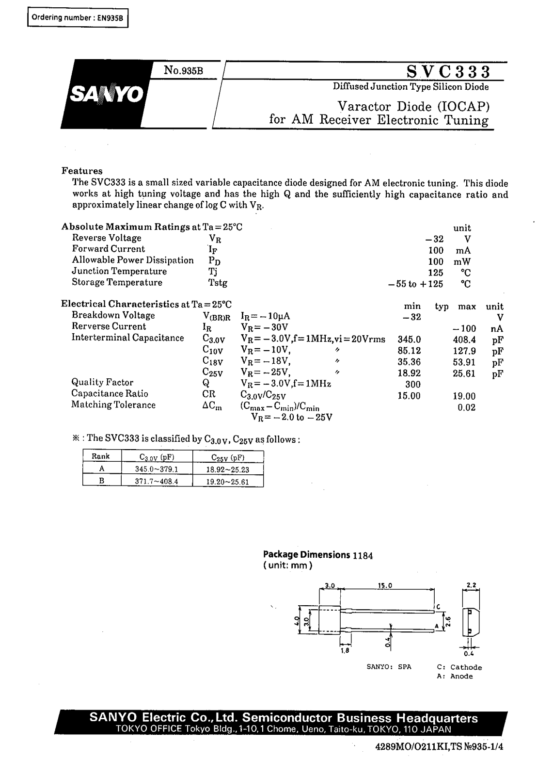 SANYO SVC333 Datasheet