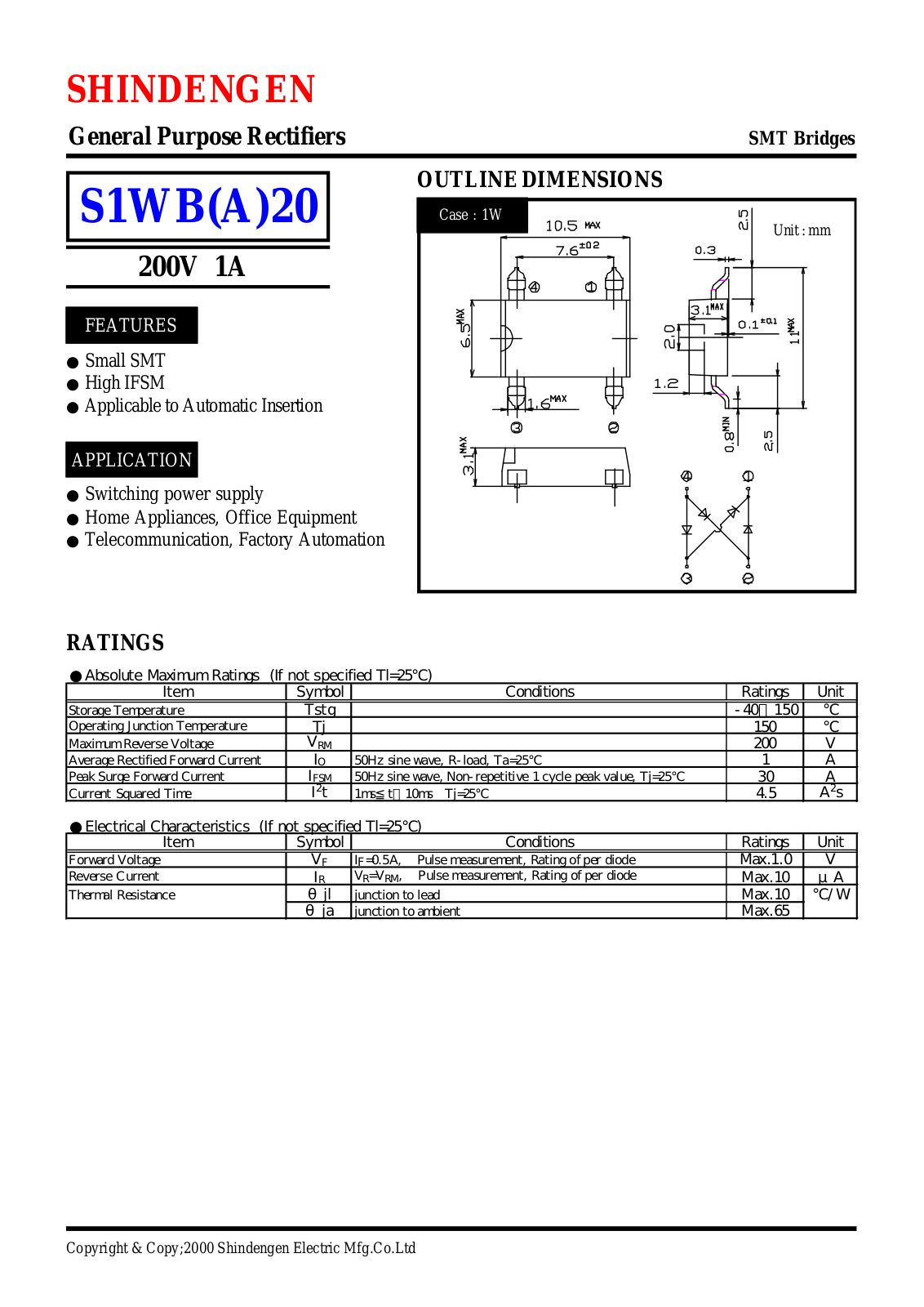 Shindengen Electric Manufacturing Company Ltd S1WBA20 Datasheet