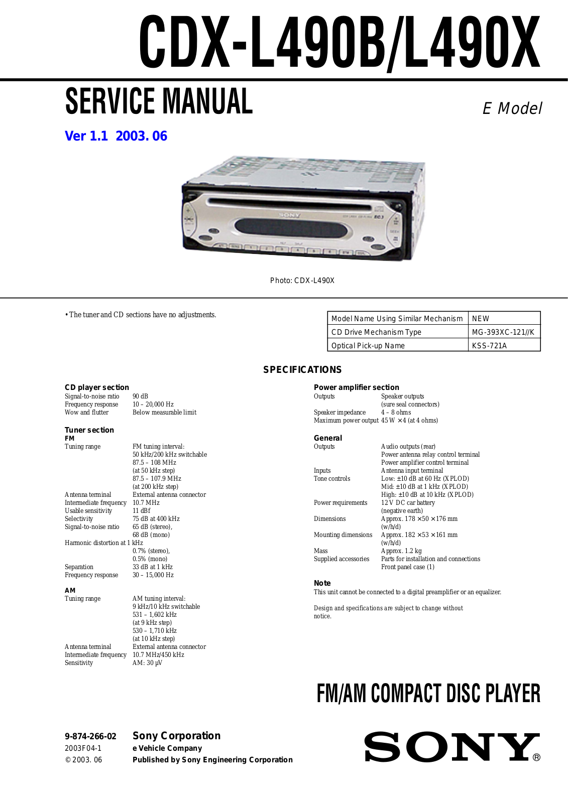 SONY CDX-L490B, CDX- L490X Service Manual