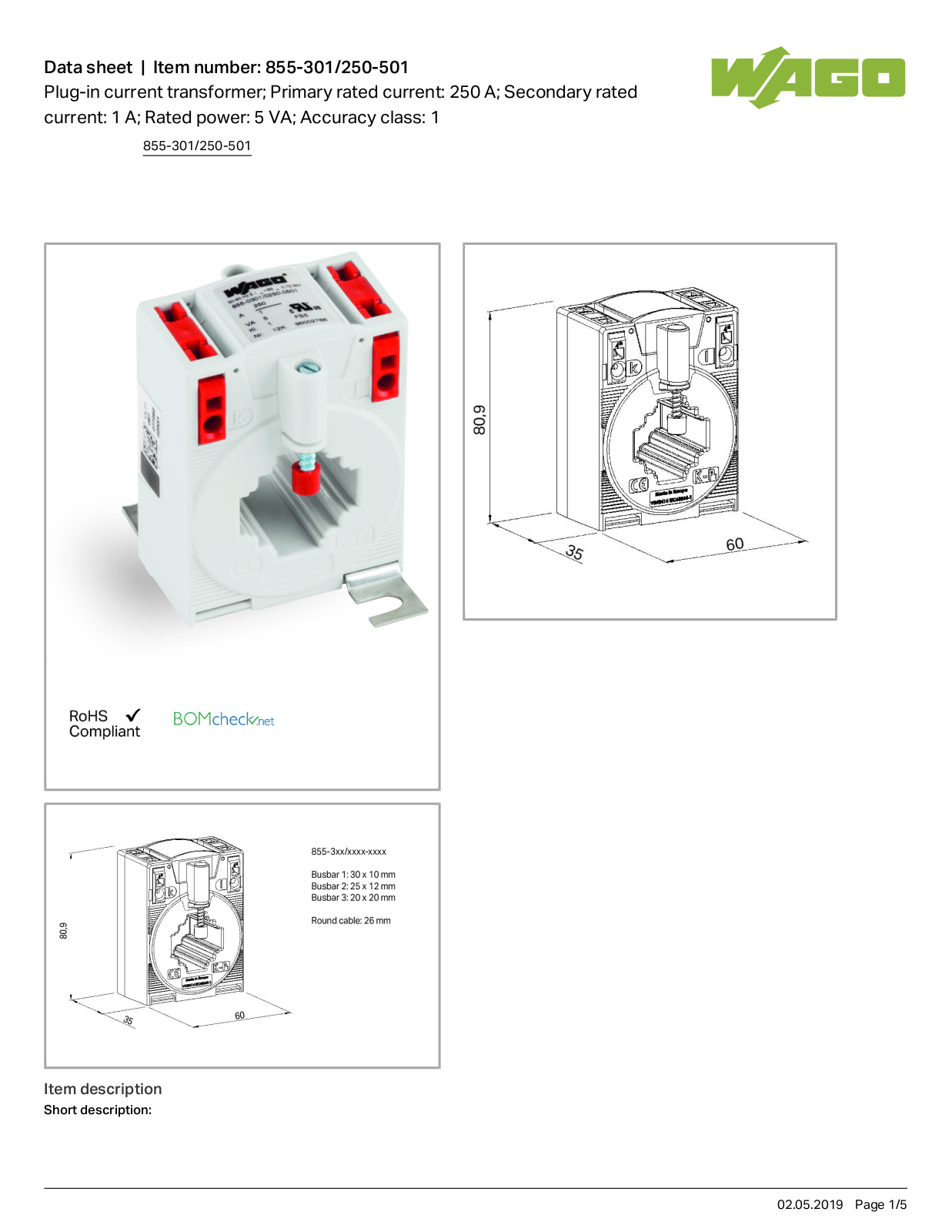 Wago 855-301/250-501 Data Sheet