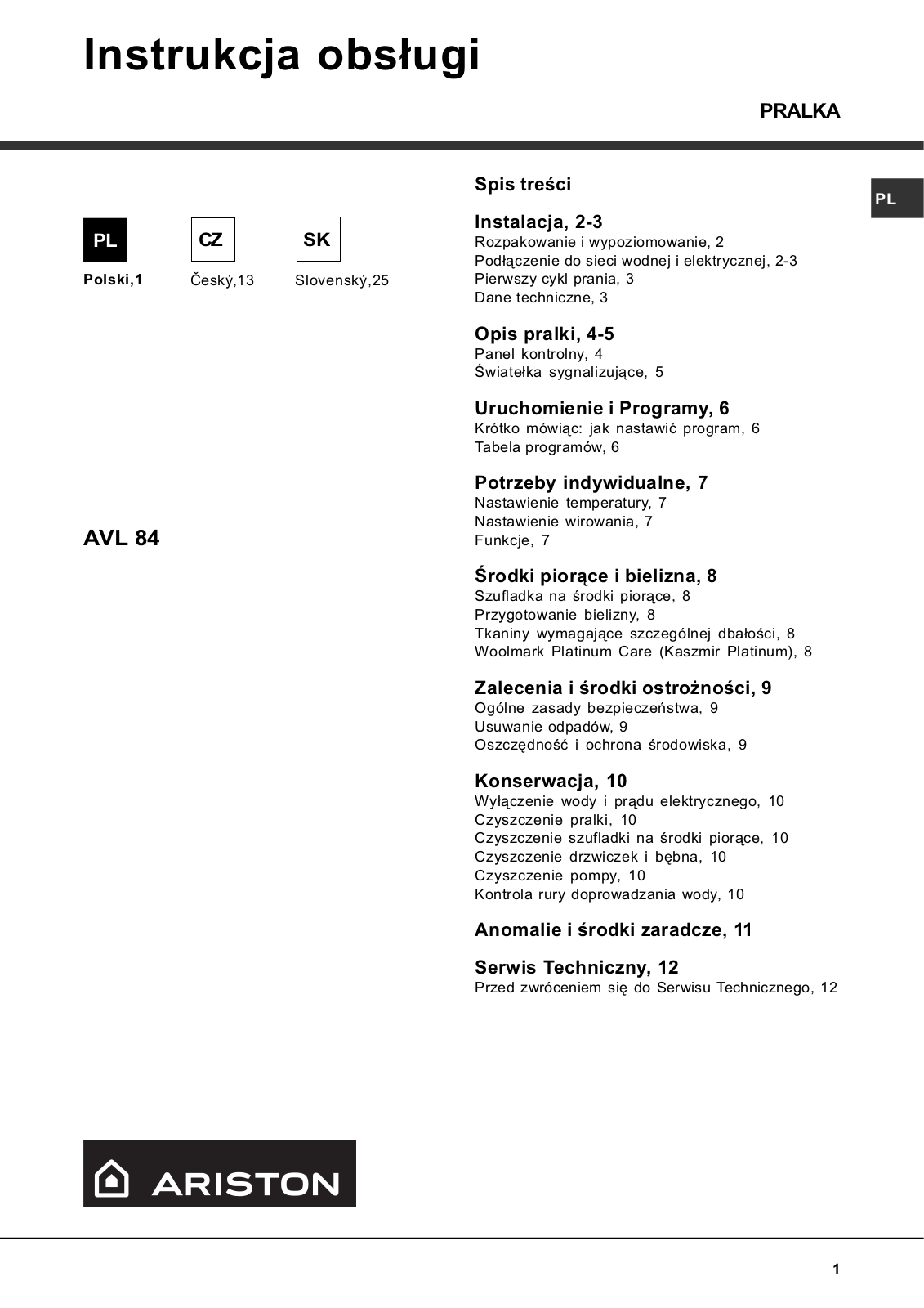 Ariston AVL 84 User Manual