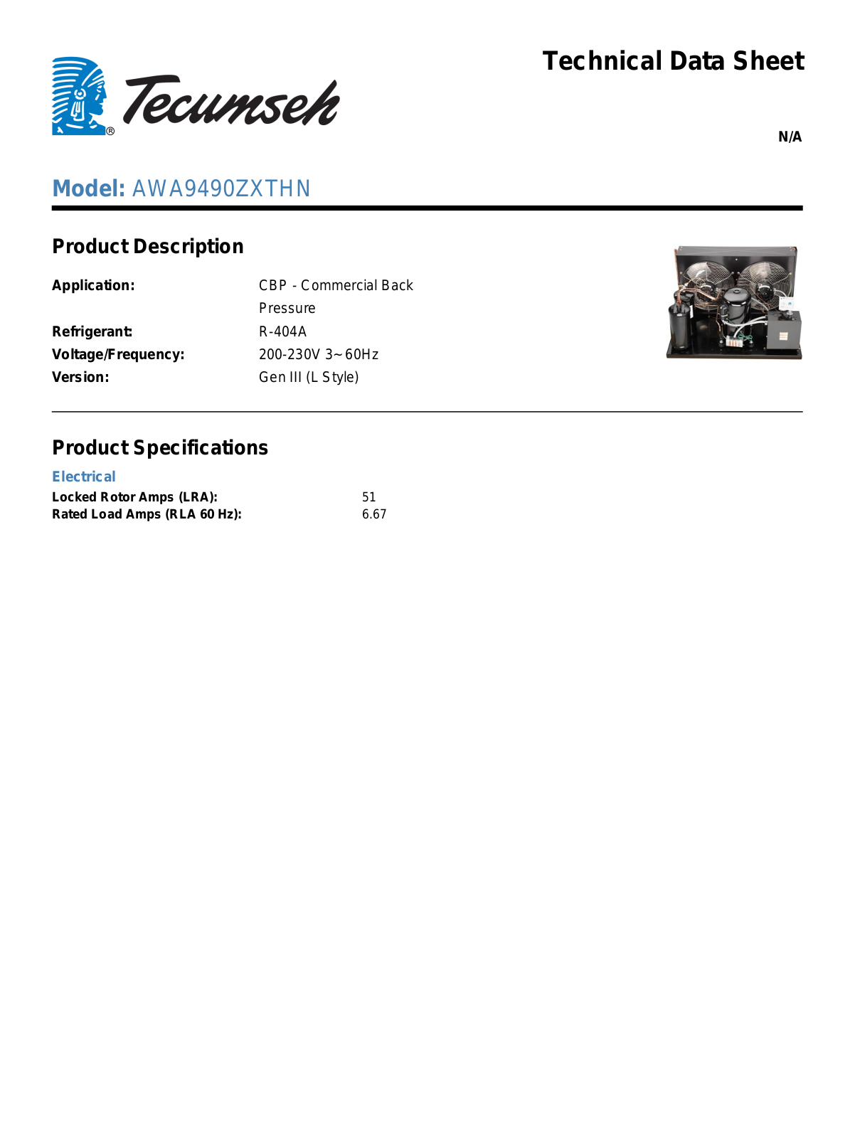 Tecumseh AWA9490ZXTHN Technical Data Sheet