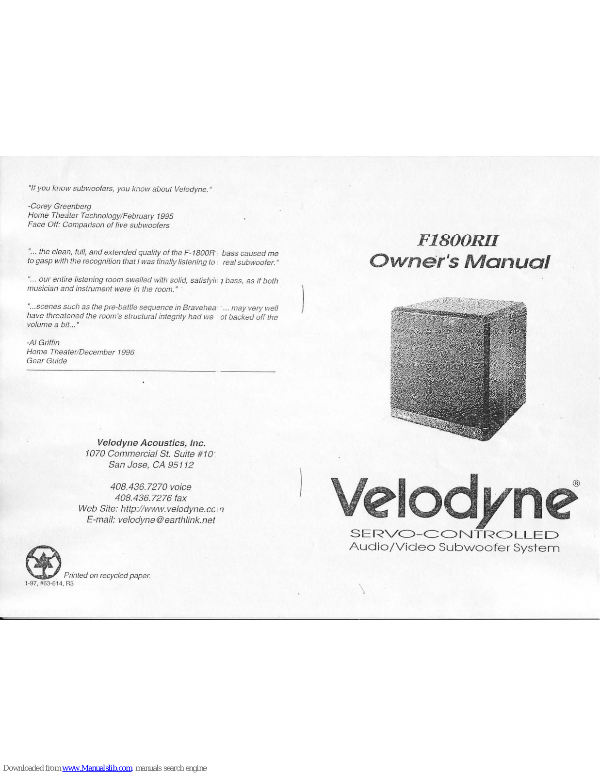 Velodyne F-1800RII Owner's Manual