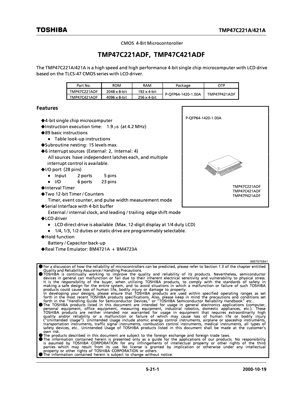 TOSHIBA TMP47C22ADF Technical data