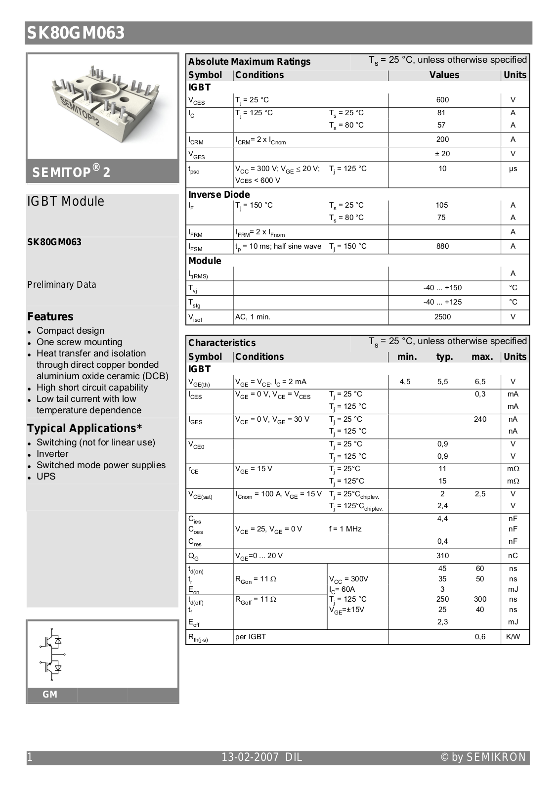 Semikron SK80GM063 Data Sheet