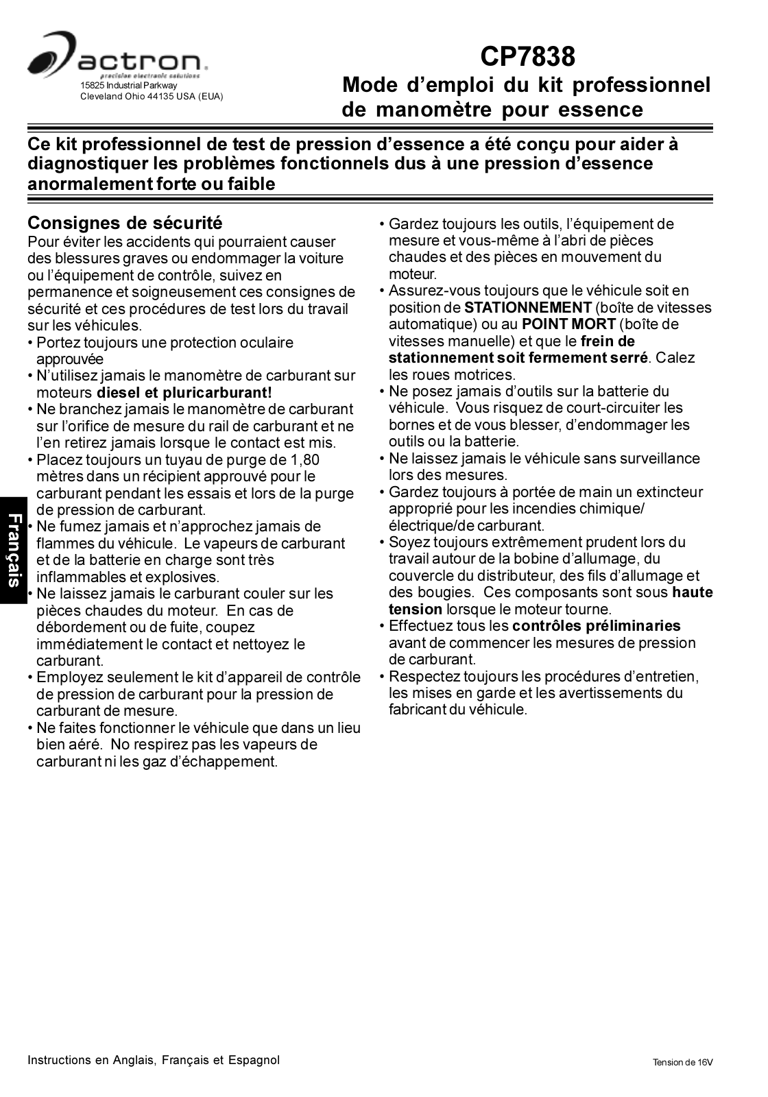 Actron CP7838 Operating Instructions