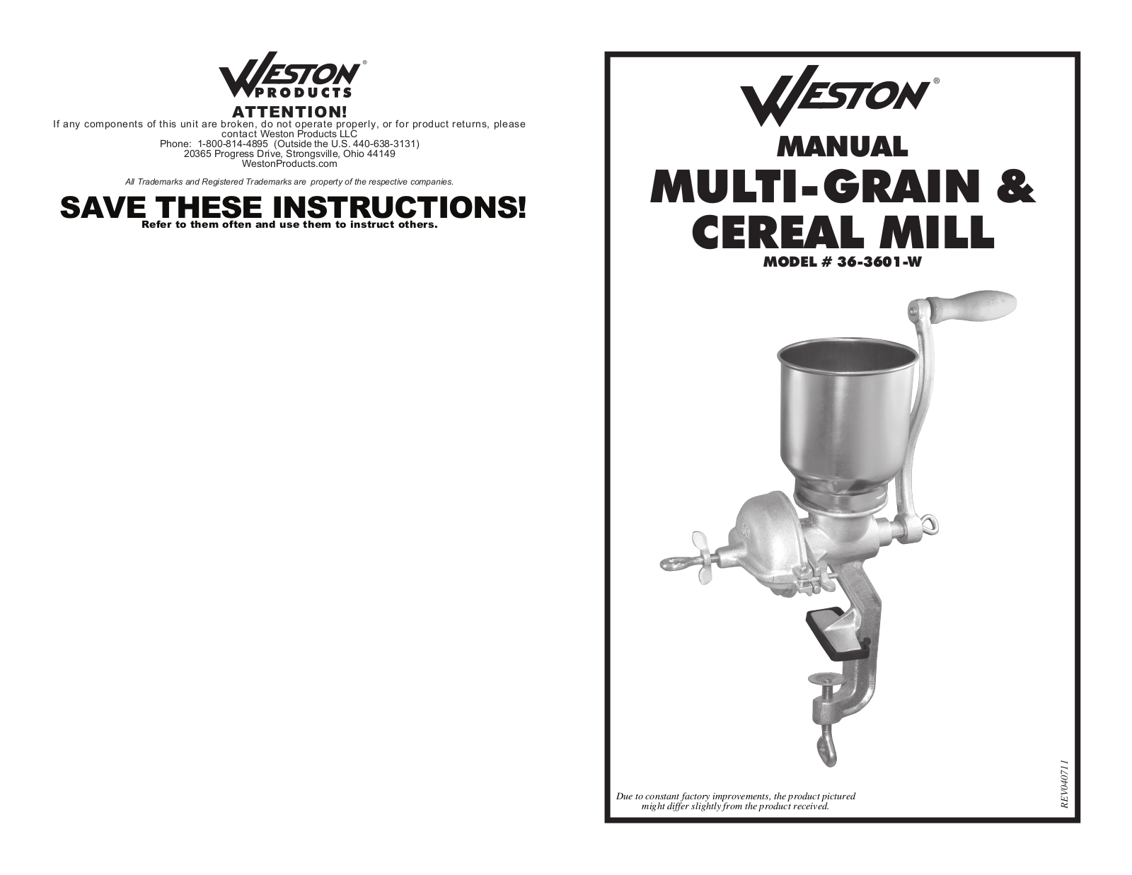 Weston Multi-grain  Cereal Mill User Manual