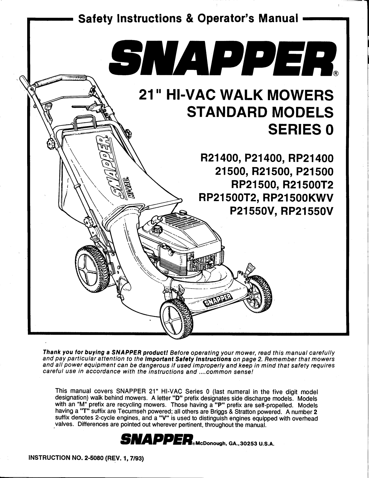 Snapper R21500, R21400, RP21500, RP21500T2, P21500 User Manual