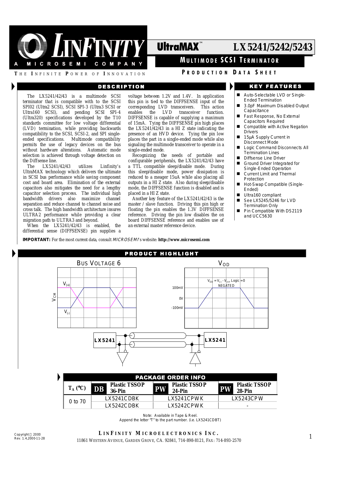 Microsemi Corporation LX5243CPW, LX5243CDB, LX5242CPW, LX5242CDB, LX5241CPW Datasheet