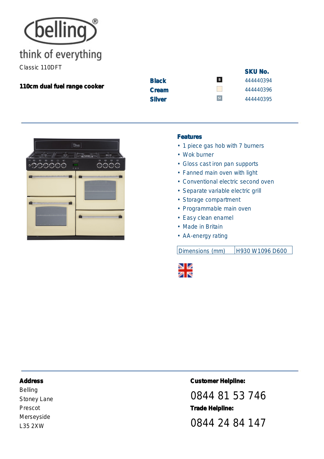 Belling CLASSIC 110DFT DATASHEET