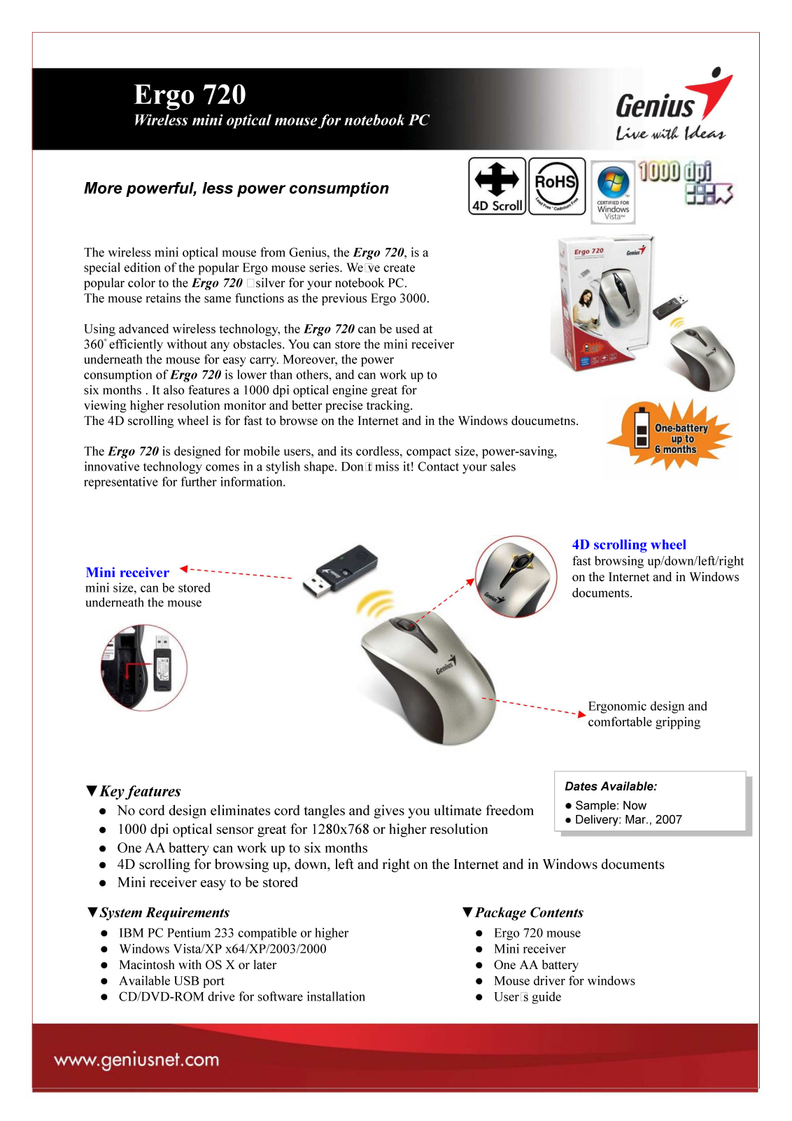 Genius ERGO 720 DATASHEET